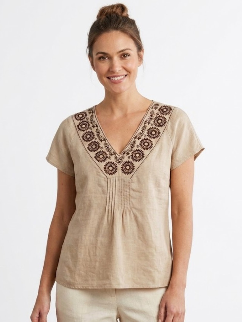Saint Tropez West - 100% Linen Embroidered V-Neck Blouse- Tan | Flax - Small EUC